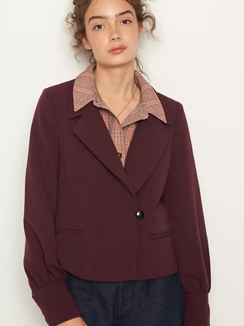 Anthropologie Plum Tailored Jacket Polka Lining Collared One Button Closure